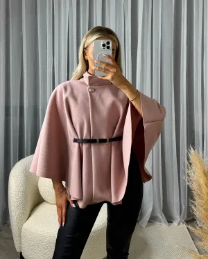 Katie High Neck Button Detail Belted Waist Cape - Dusky Pink