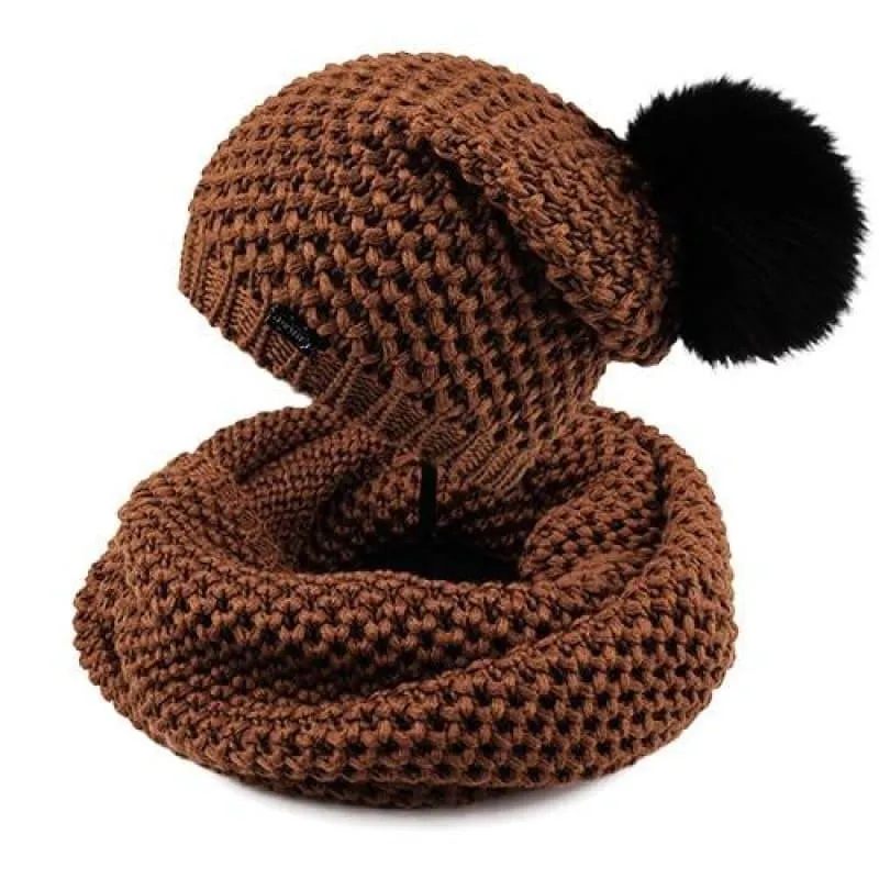 Knitted Beanie Hat and Infinity Scarf Set Real Fox Fur Pom Pom Hats