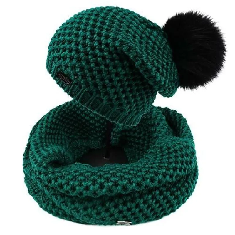 Knitted Beanie Hat and Infinity Scarf Set Real Fox Fur Pom Pom Hats