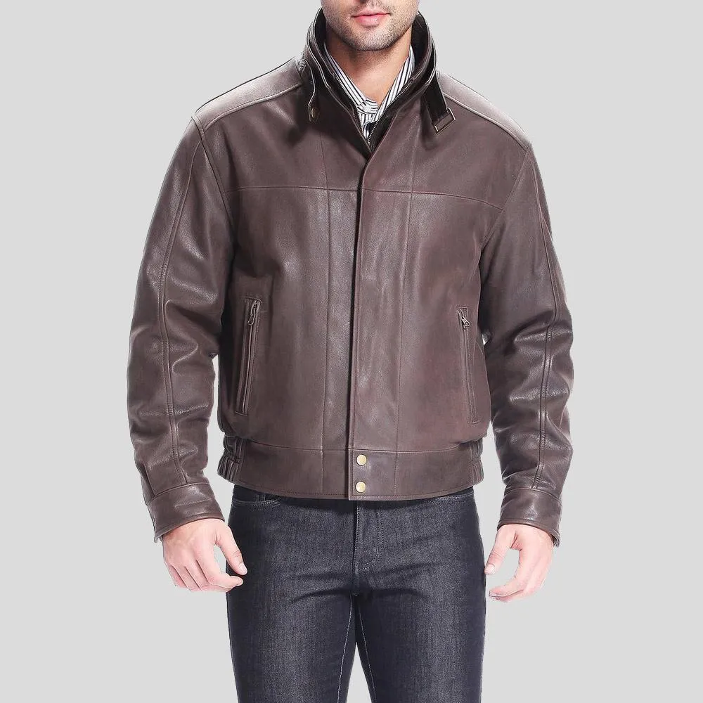 Lee Distressed Brown Bomber Leather Jacket for Men