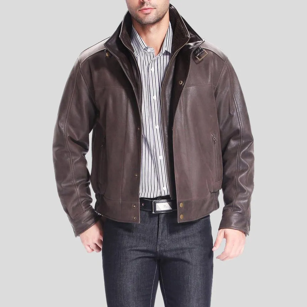 Lee Distressed Brown Bomber Leather Jacket for Men