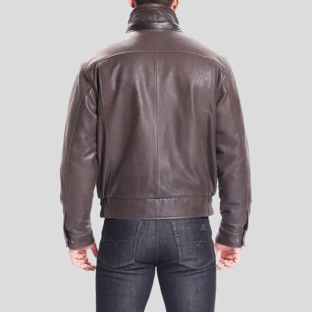 Lee Distressed Brown Bomber Leather Jacket for Men