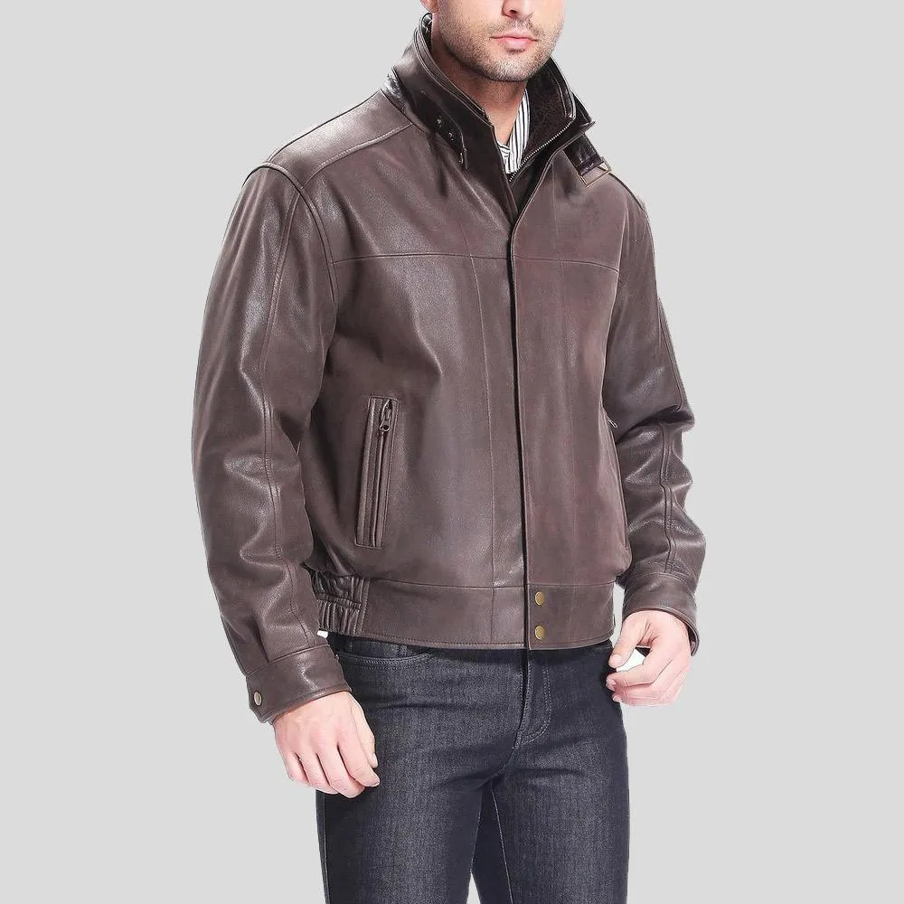 Lee Distressed Brown Bomber Leather Jacket for Men