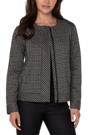 Liverpool Collarless Zip Up Jacket (black/tan lattice print)