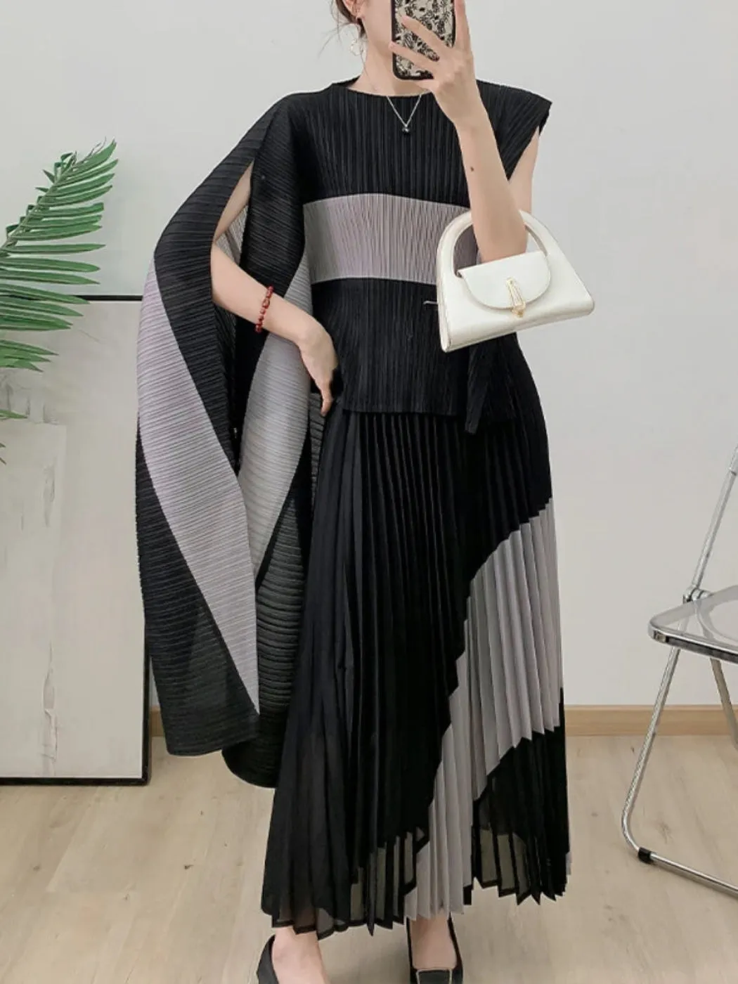 Luxe Pleated Long Skirt & Top Matching Set