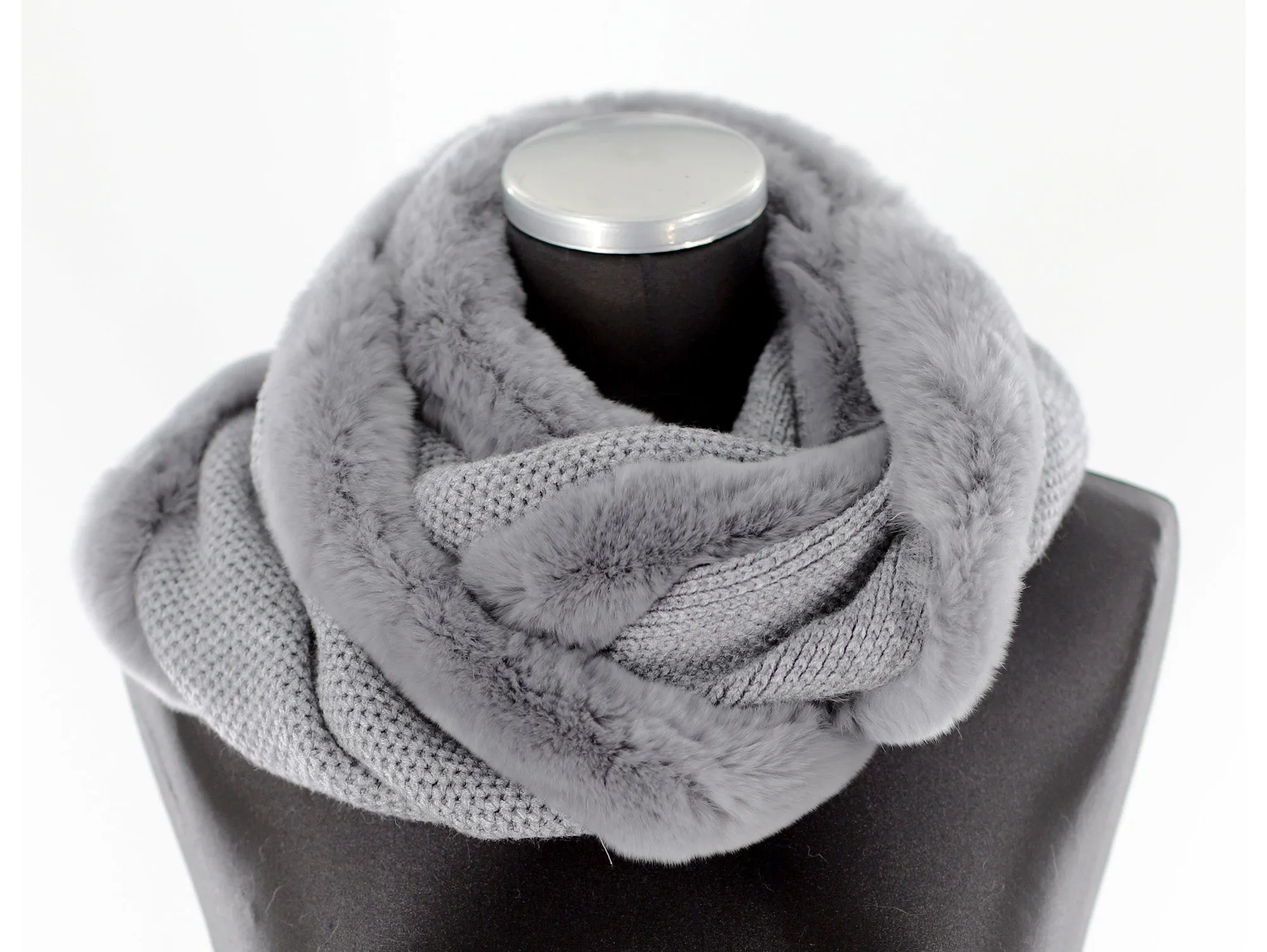 Luxurious Honeycomb Rex Rabbit Fur Scarf - Grey - One Size