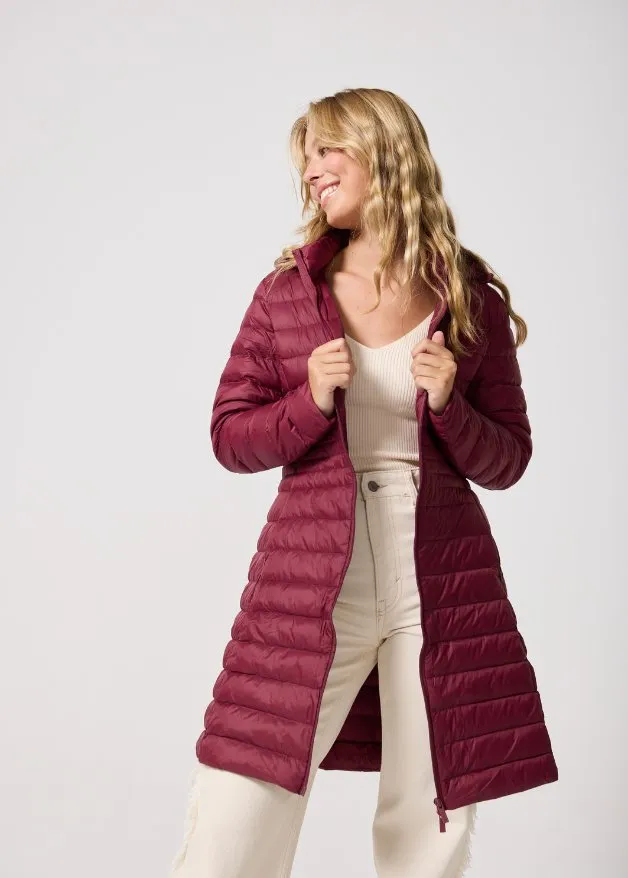 Maroon Duck Down Midi Puffer Coat