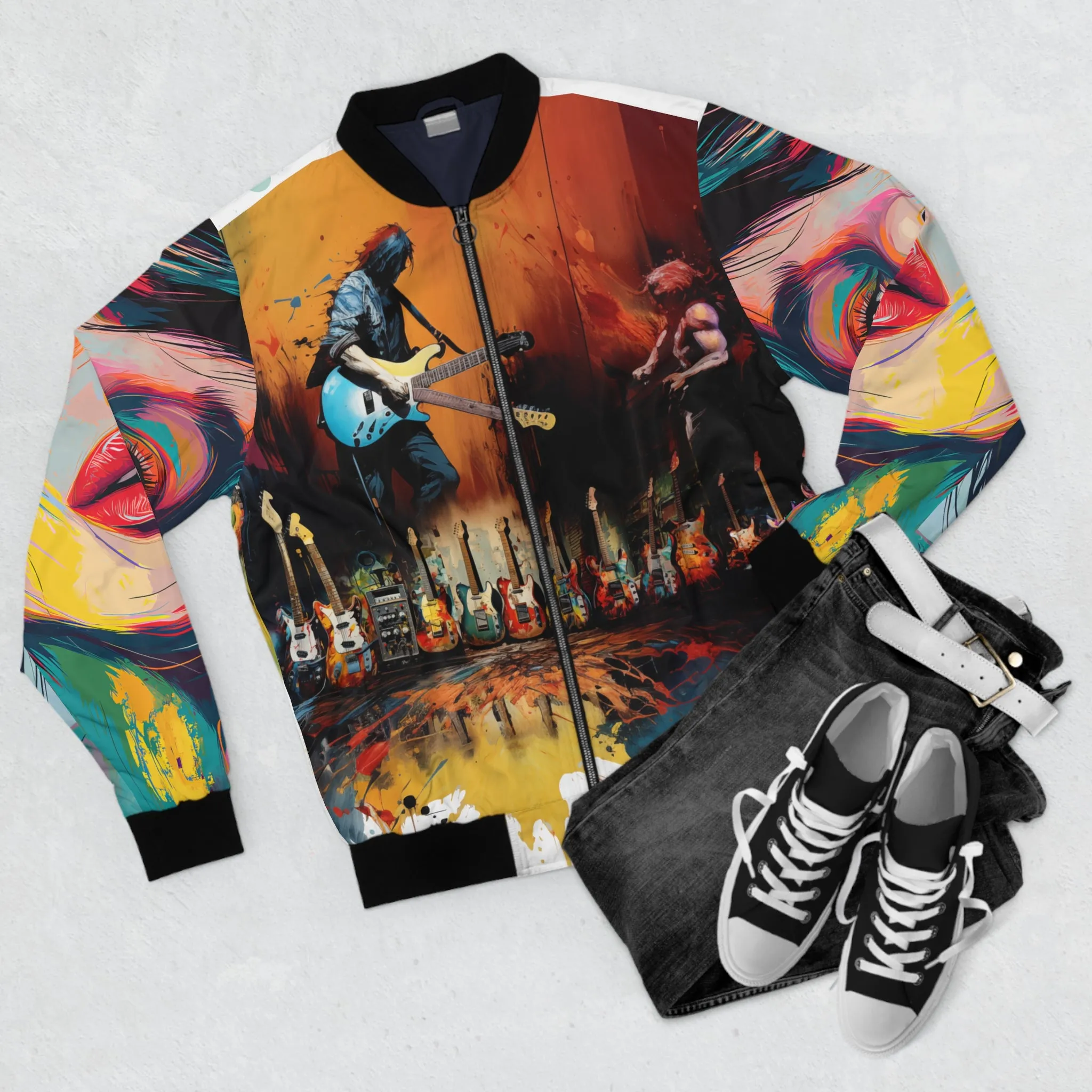 Men's Bomber Jacket (AOP) Colorful Abstract Guitars & Model