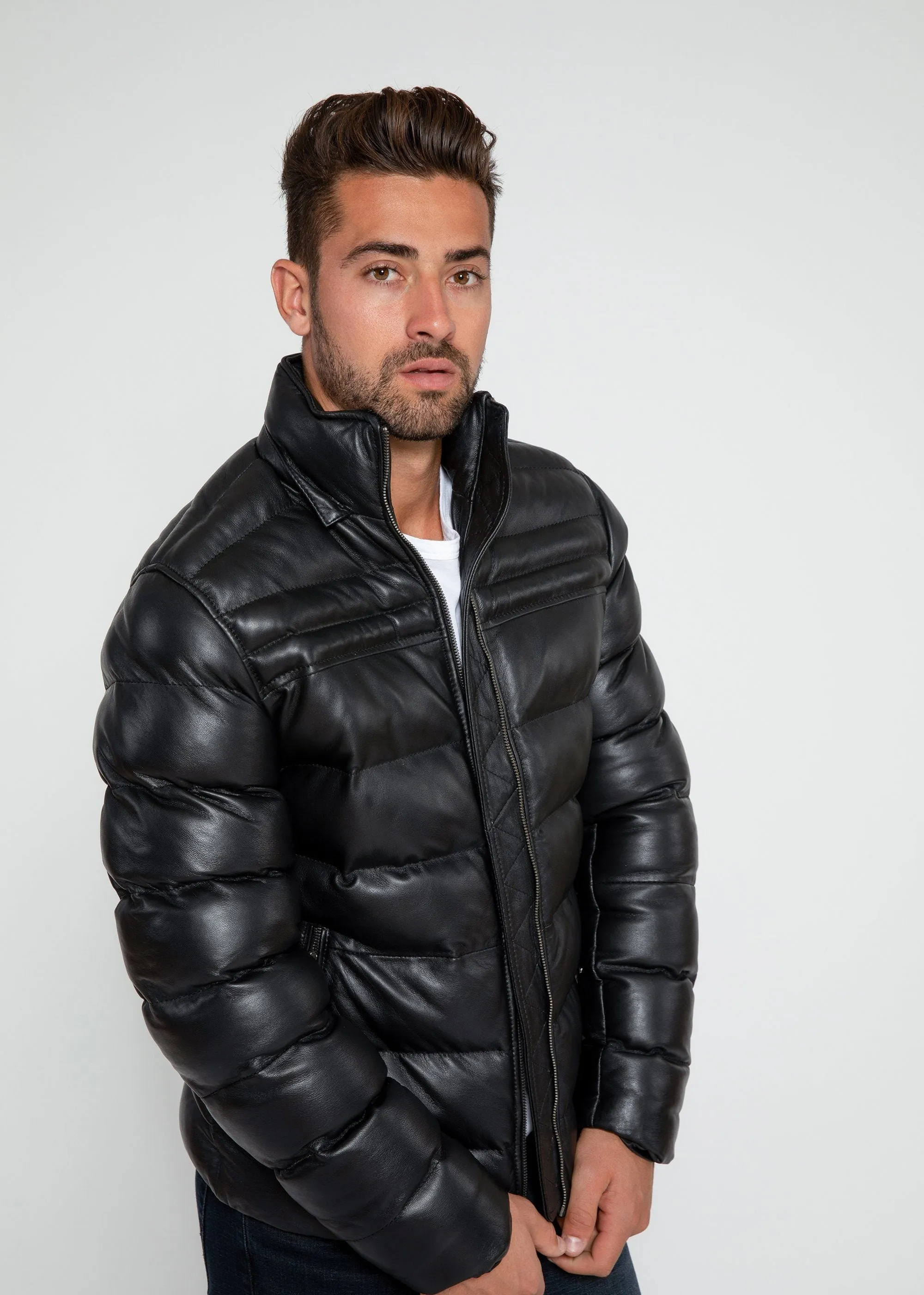 Men's Crimson Black Puffer Winter Down Leather Jacket with Fur