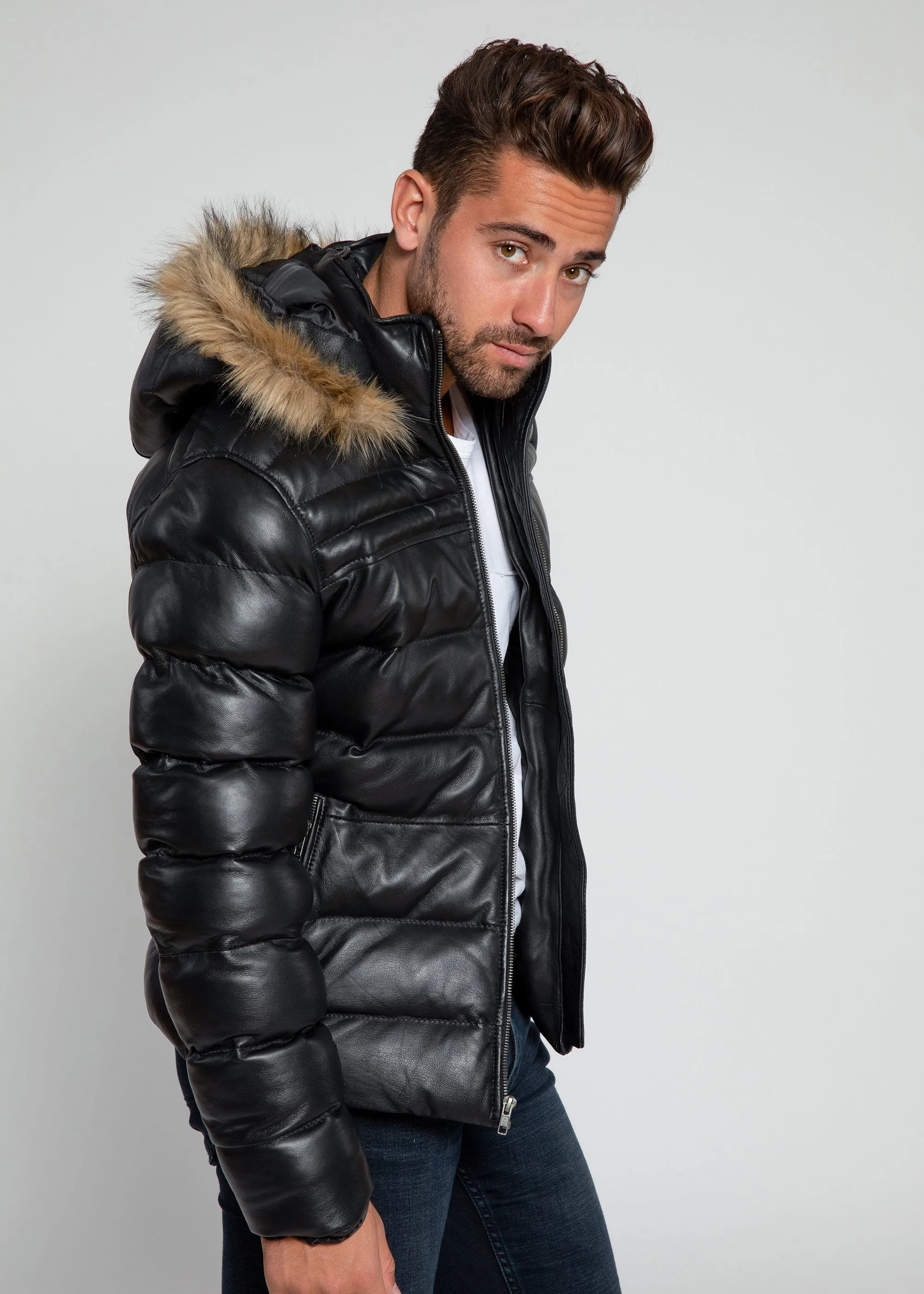 Men's Crimson Black Puffer Winter Down Leather Jacket with Fur