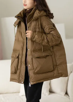 Modern Khaki Hooded Oversized Pockets Duck Down Puffer Jacket Winter