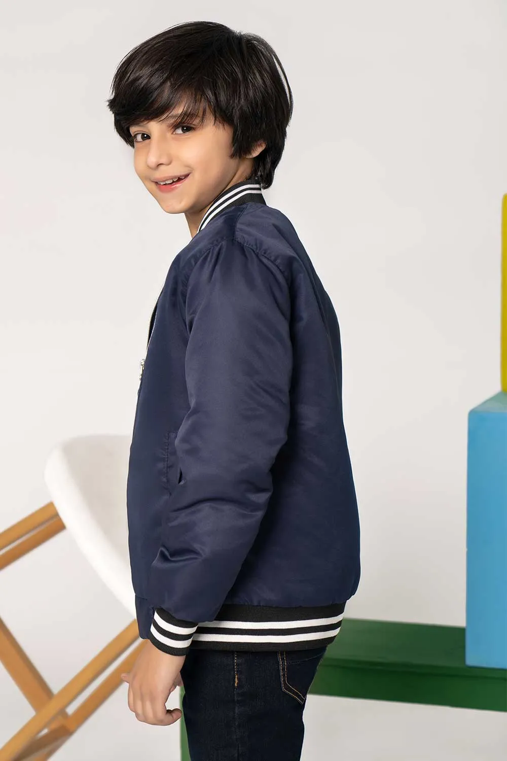 Navy Blue Tipped Bomber Jacket - Boys