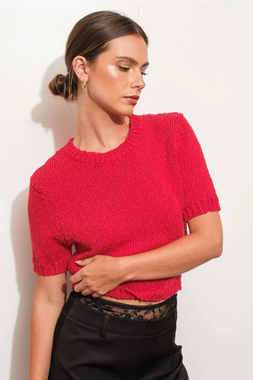 Red Short Sleeve Sweater Top