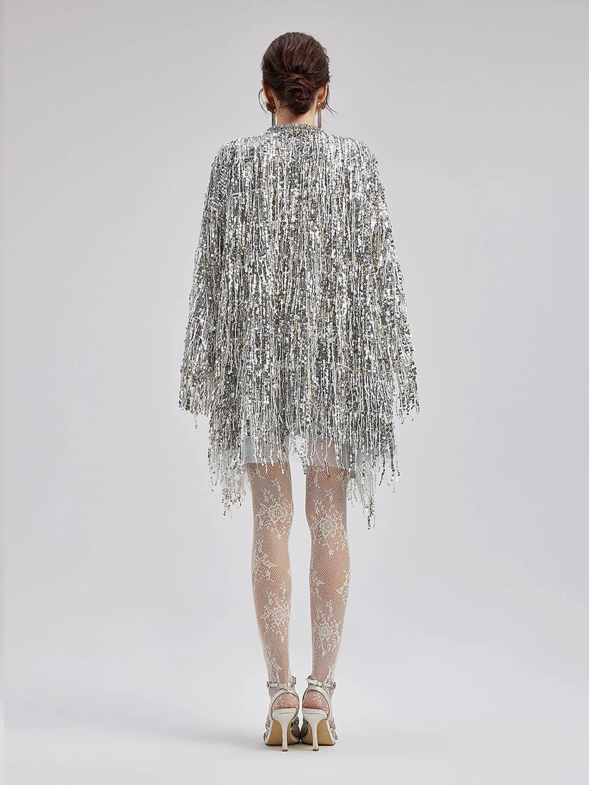 Sequin Beaded Tassel Cape Coat