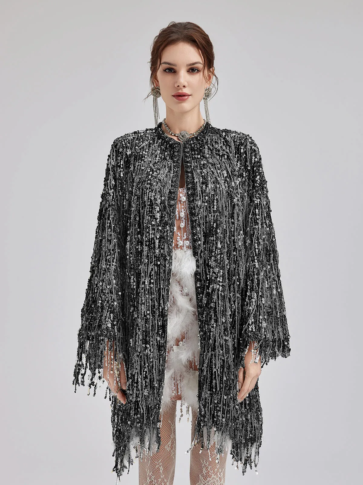 Sequin Beaded Tassel Cape Coat