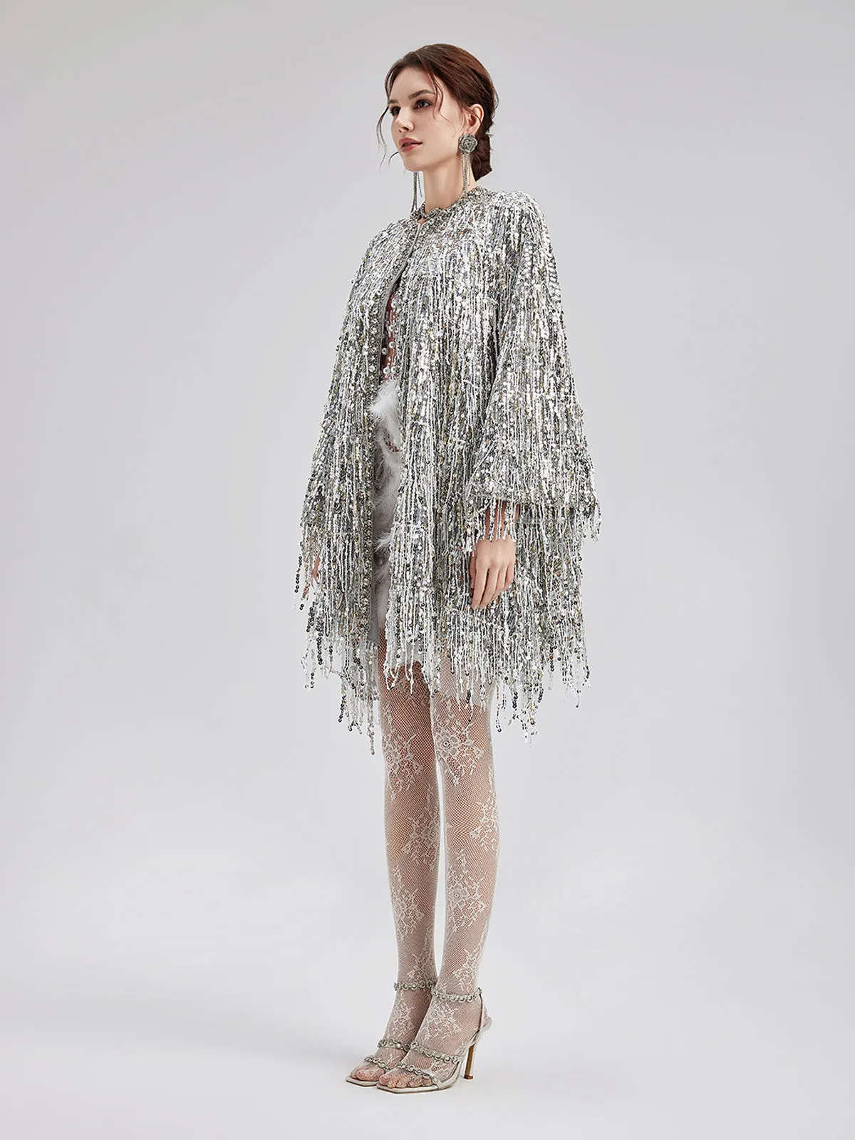 Sequin Beaded Tassel Cape Coat