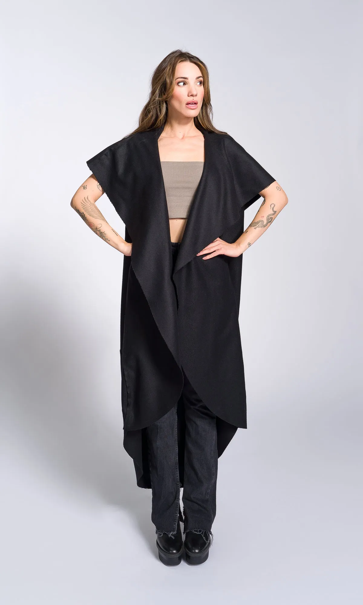 Sleeveless Cape Coat with Large Hood