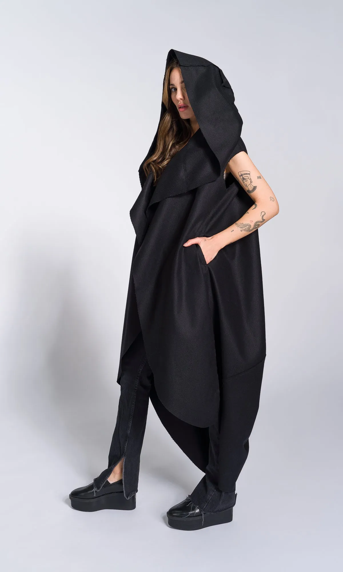 Sleeveless Cape Coat with Large Hood