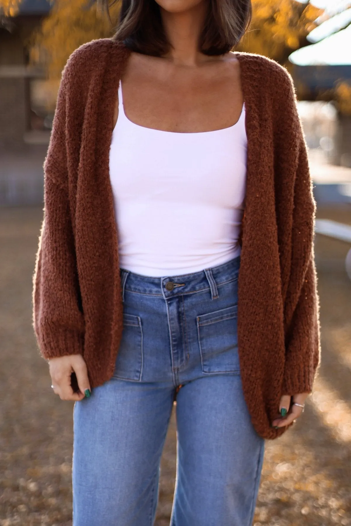 Soft Brushed Open Front Cardigan - Brown