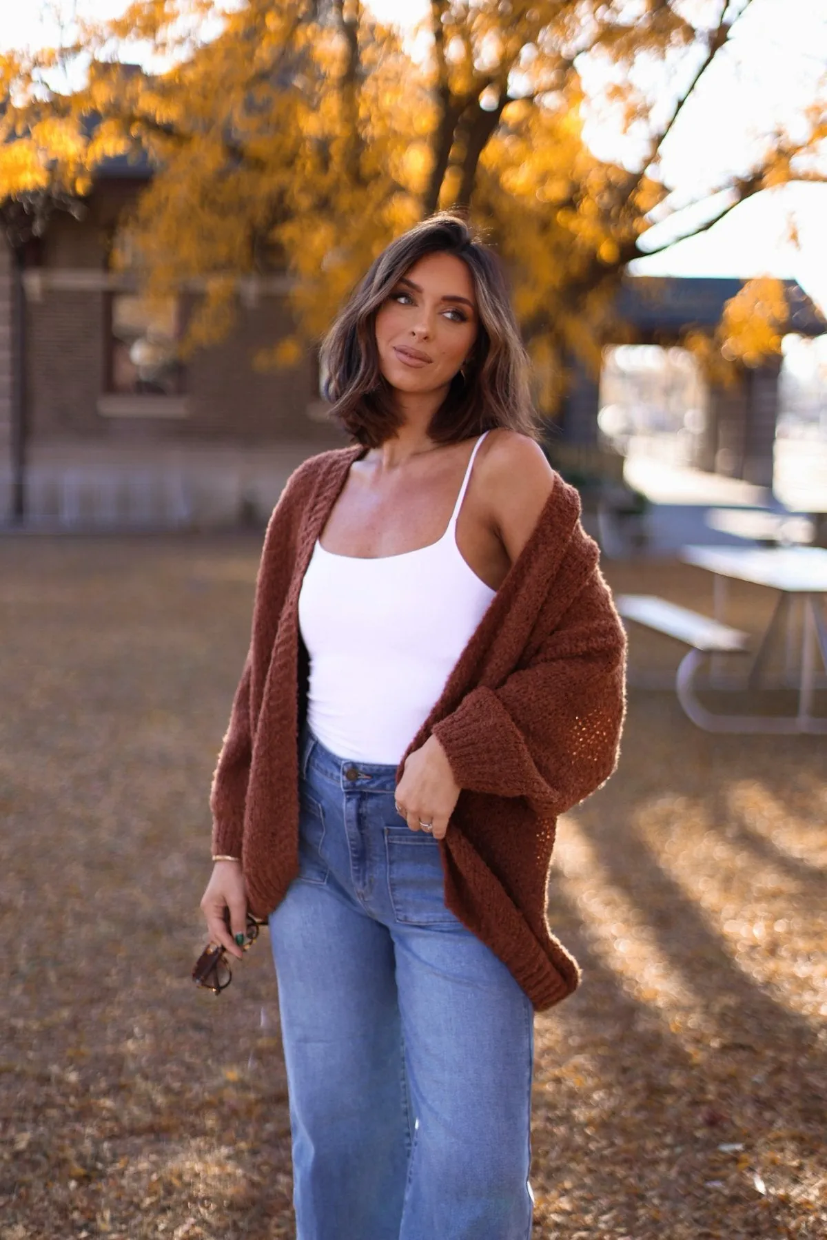 Soft Brushed Open Front Cardigan - Brown