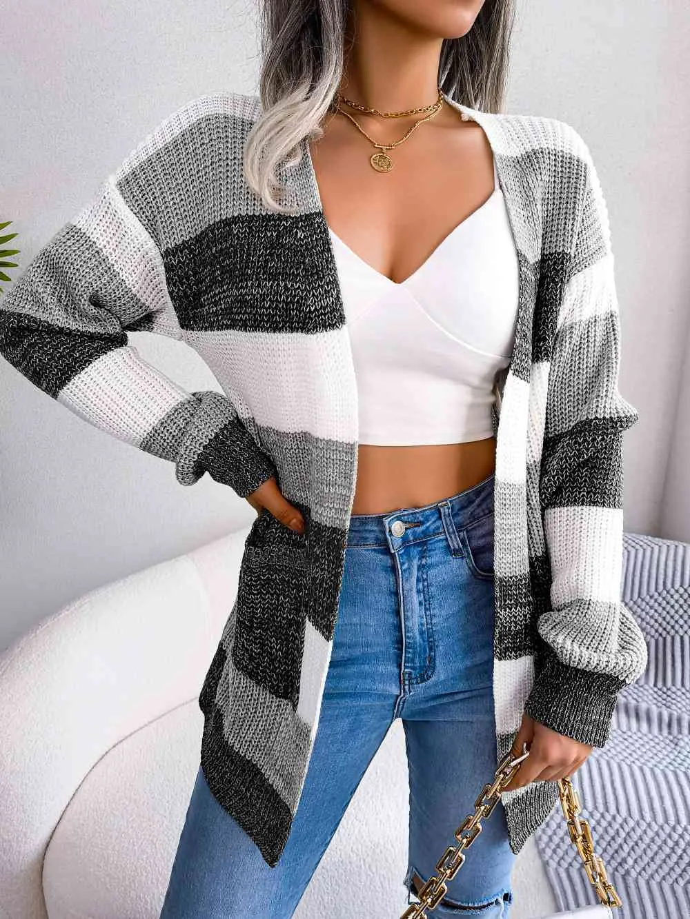 Striped Rib-Knit Open Front Longline Cardigan