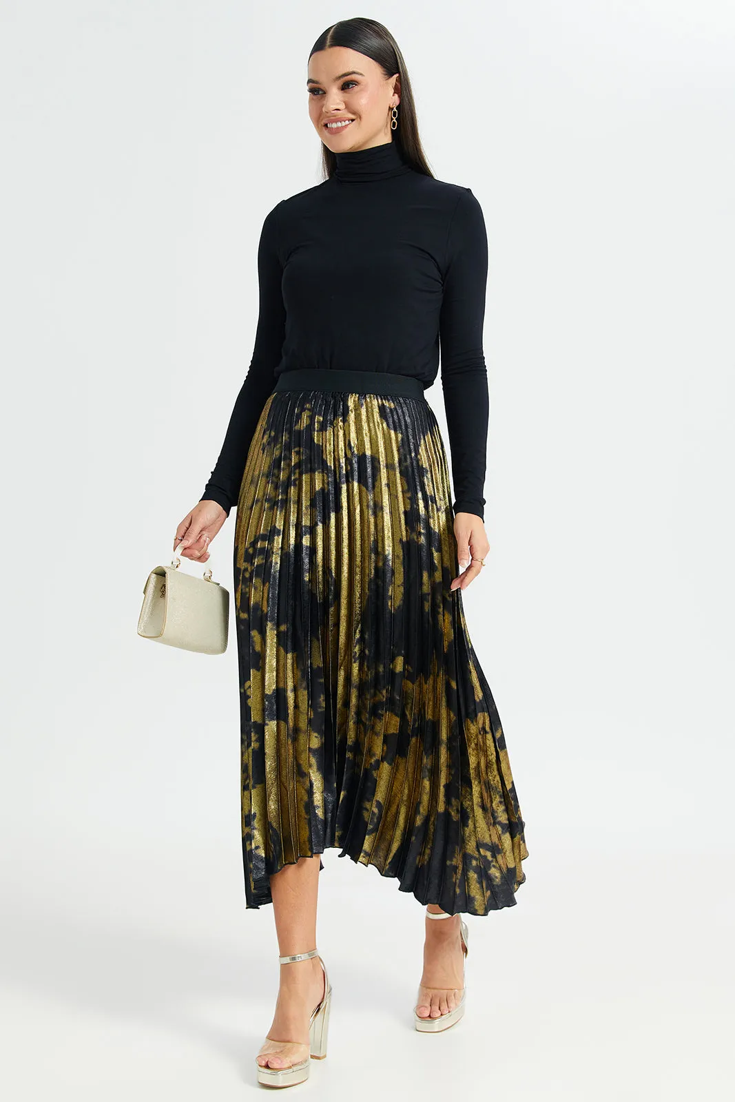 Women Black And Gold Pleated Skirt