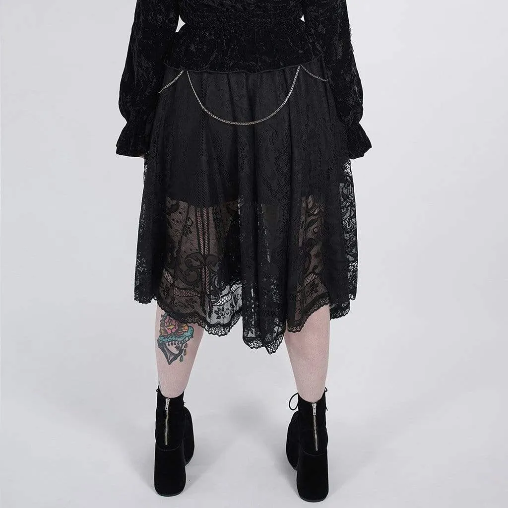 Women's Plus Size Gothic Black Delicate Lace Calf Length Skirt